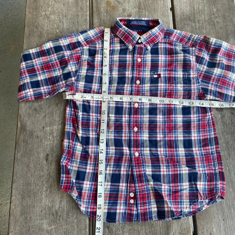 Tommy Hilfiger Boys Shirt Size 7 Blue Red Yellow White Plaid Flannel Button Down